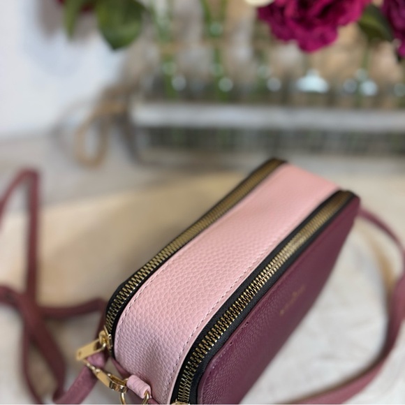 Kedzie Modernist Vegan Leather Double Zipper Small Crossbody. Wine color. - Picture 5 of 11